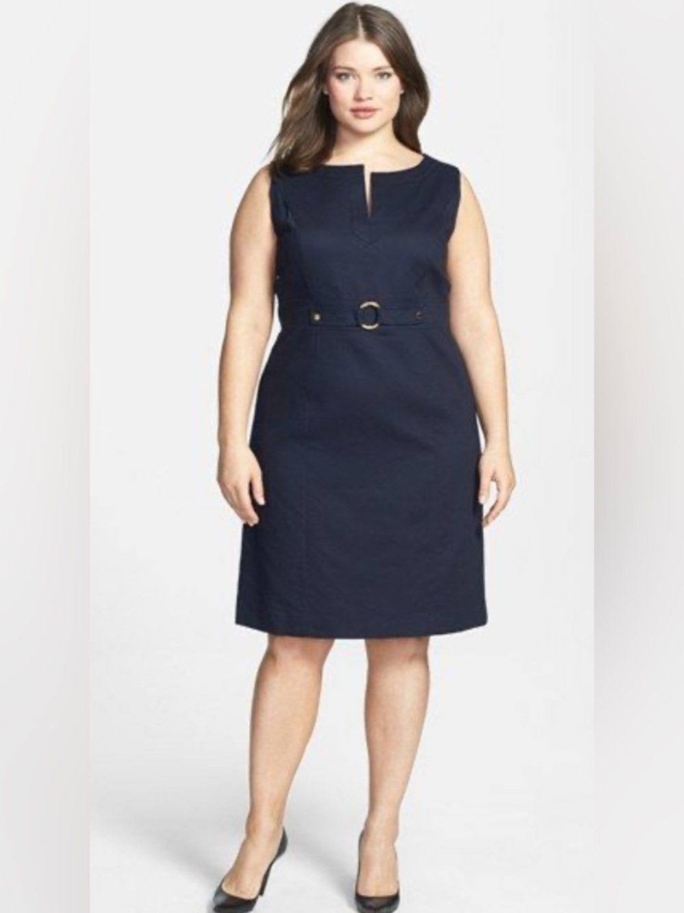 AGB black Sleeveless Belted Sheath Dress with Notch Neck